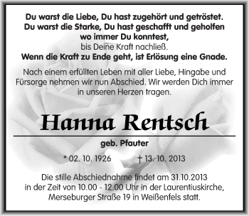 Traueranzeige von Hanna Rentsch von Mitteldeutsche Zeitung Weißenfels