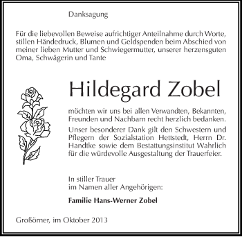 Traueranzeige von Hildegard Zobel von Mitteldeutsche Zeitung Mansfelder Land