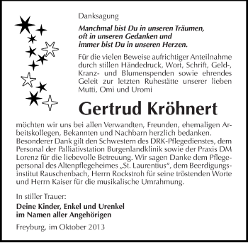 Traueranzeige von Gertrud Kröhnert von Mitteldeutsche Zeitung Naumburg/Nebra