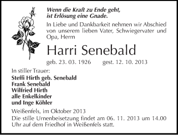 Traueranzeige von Harri Senebald von Mitteldeutsche Zeitung Weißenfels