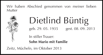 Traueranzeige von Dietlind Büntig von Mitteldeutsche Zeitung Zeitz