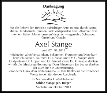 Traueranzeige von Axel Stange von Mitteldeutsche Zeitung Köthen