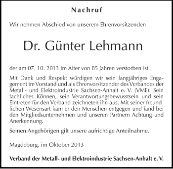 Traueranzeige von Günter Lehmann von Mitteldeutsche Zeitung Halle/Saalkreis
