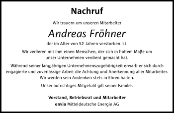 Traueranzeige von Andreas Fröhner von Mitteldeutsche Zeitung Dessau-Roßlau