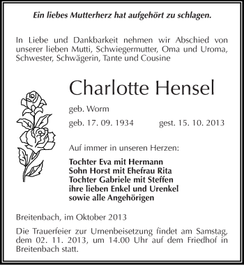 Traueranzeige von Charlotte Hensel von Mitteldeutsche Zeitung Sangerhausen