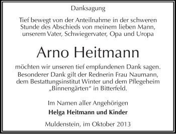 Traueranzeige von Arno Heitmann von Mitteldeutsche Zeitung Bitterfeld