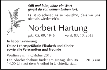 Traueranzeige von Norbert Hartung von Mitteldeutsche Zeitung Weißenfels