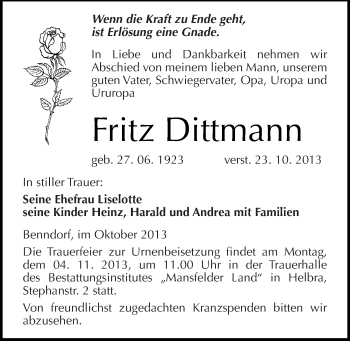 Traueranzeige von Fritz Dittmann von Mitteldeutsche Zeitung Mansfelder Land