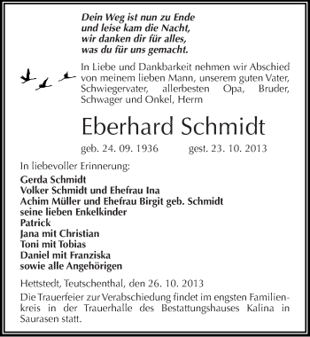 Traueranzeige von Eberhard Schmidt von Mitteldeutsche Zeitung Mansfelder Land