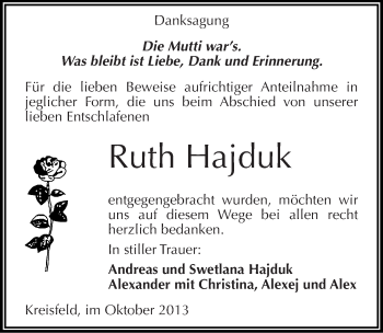 Traueranzeige von Ruth Hajduk von Mitteldeutsche Zeitung Mansfelder Land