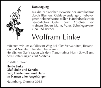 Traueranzeige von Wolfram Linke von Mitteldeutsche Zeitung Naumburg/Nebra