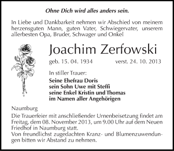 Traueranzeige von Joachim Zerfowski von Mitteldeutsche Zeitung Naumburg/Nebra