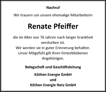 Traueranzeige von Renate Pfeiffer von Mitteldeutsche Zeitung Köthen