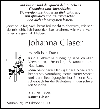 Traueranzeige von Johanna Gläser von Mitteldeutsche Zeitung Naumburg/Nebra