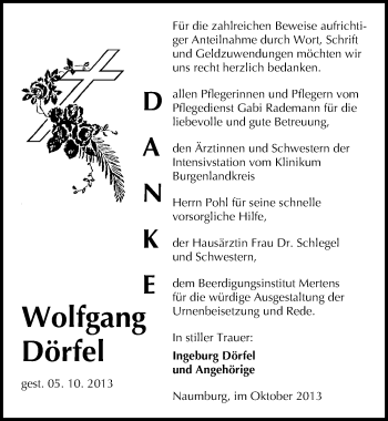 Traueranzeige von Wolfgang Dörfel von Mitteldeutsche Zeitung Naumburg/Nebra