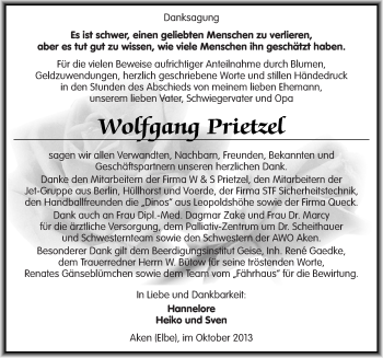 Traueranzeige von Wolfgang Prietzel von Mitteldeutsche Zeitung Köthen