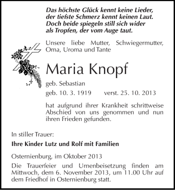 Traueranzeige von Maria Knopf von Mitteldeutsche Zeitung Köthen
