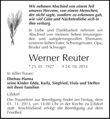 Traueranzeige von Werner Reuter von Mitteldeutsche Zeitung Naumburg/Nebra