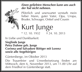 Traueranzeige von Kurt Junge von Mitteldeutsche Zeitung Quedlinburg