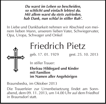 Traueranzeige von Friedrich Pietz von Mitteldeutsche Zeitung Merseburg/Querfurt