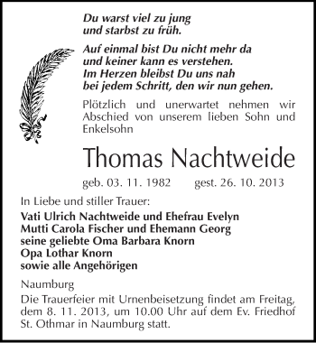 Traueranzeige von Thomas Nachtweide von Mitteldeutsche Zeitung Naumburg/Nebra
