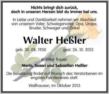 Traueranzeige von Walter Heßler von Mitteldeutsche Zeitung Sangerhausen