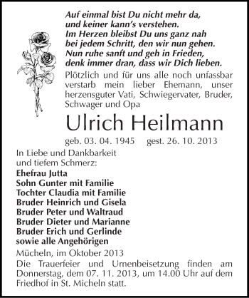 Traueranzeige von Ulrich Heilmann von Mitteldeutsche Zeitung