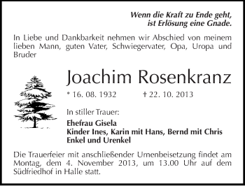 Traueranzeige von Joachim Rosenkranz von Mitteldeutsche Zeitung Halle/Saalkreis