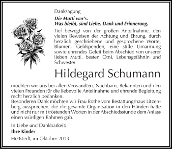 Traueranzeige von Hildegard Schumann von Mitteldeutsche Zeitung Mansfelder Land