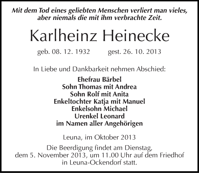  Traueranzeige für Karlheinz Heinecke vom 31.10.2013 aus Mitteldeutsche Zeitung Merseburg/Querfurt