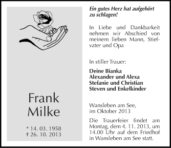 Traueranzeige von Frank Milke von Mitteldeutsche Zeitung Aschersleben