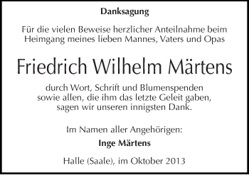 Traueranzeige von Friedrich Wilhelm Märtens von Mitteldeutsche Zeitung Halle/Saalkreis
