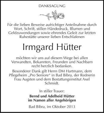 Traueranzeige von Irmgard Hütter von Mitteldeutsche Zeitung Naumburg/Nebra