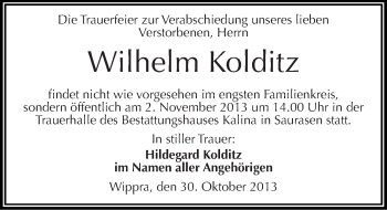 Traueranzeige von Wilhelm Kolditz von Mitteldeutsche Zeitung Mansfelder Land
