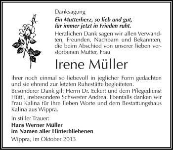 Traueranzeige von Irene Müller von Mitteldeutsche Zeitung Mansfelder Land