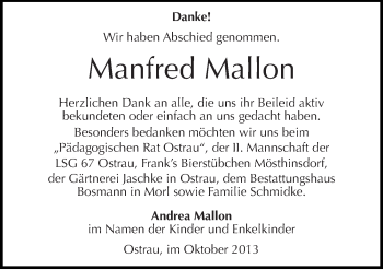 Traueranzeige von Manfred Mallon von Mitteldeutsche Zeitung Halle/Saalkreis