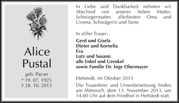 Traueranzeige von Alice Pustal von Mitteldeutsche Zeitung Mansfelder Land