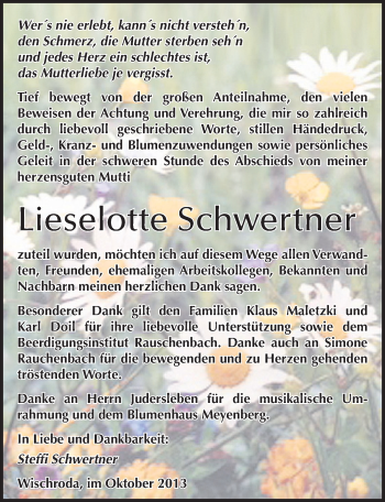Traueranzeige von Lieselotte Schwertner von Mitteldeutsche Zeitung Naumburg/Nebra