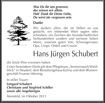 Traueranzeige von Hans Jürgen Schubert von Mitteldeutsche Zeitung Mansfelder Land