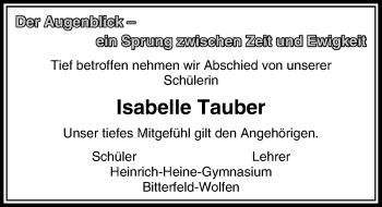 Traueranzeige von Isabelle Tauber von Mitteldeutsche Zeitung Bitterfeld