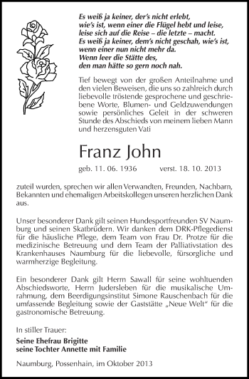 Traueranzeige von Franz John von Mitteldeutsche Zeitung Naumburg/Nebra
