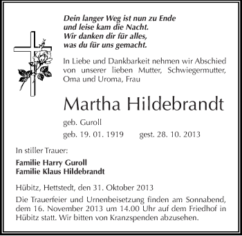 Traueranzeige von Martha Hildebrandt von Mitteldeutsche Zeitung Mansfelder Land