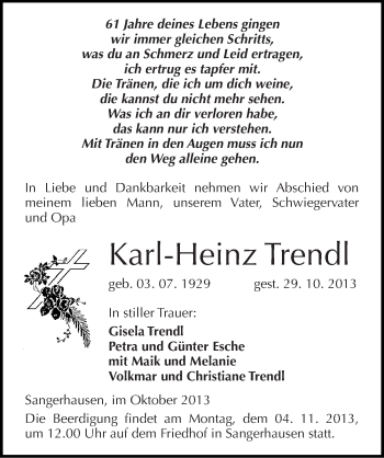 Traueranzeige von Karl-Heinz Trendl von Mitteldeutsche Zeitung Sangerhausen