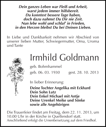 Traueranzeige von Irmhild Goldmann von Mitteldeutsche Zeitung Köthen
