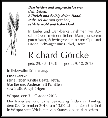 Traueranzeige von Richard Görcke von Mitteldeutsche Zeitung Mansfelder Land