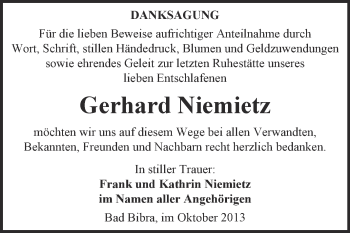 Traueranzeige von Gerhard Niemietz von WVG - Wochenspiegel NMB / WSF / ZTZ