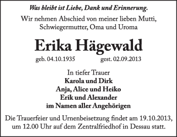 Traueranzeige von Erika Hägewald von Super Sonntag Dessau / Köthen