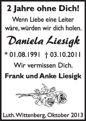 Traueranzeige von Daniela Liesigk von Super Sonntag Wittenberg