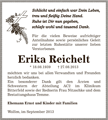 Traueranzeige von Erika Reichelt von WVG - Wochenspiegel Bitterfeld