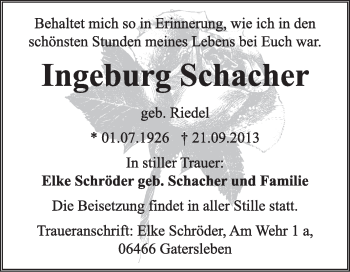 Traueranzeige von Ingeburg Schacher von Super Sonntag Dessau / Köthen
